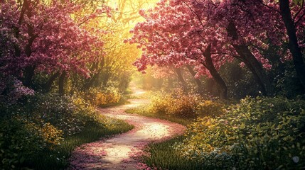 Naklejka premium Serene Pathway Through Blossoming Trees in Warm Golden Light