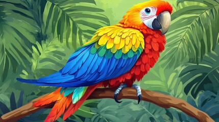 Fototapeta premium A vividly colored parrot perches on a lush branch amidst a vibrant tropical backdrop. Its radiant blue, yellow, and red feathers boast intricate patterns, creating an eye-catching spectacle in the den