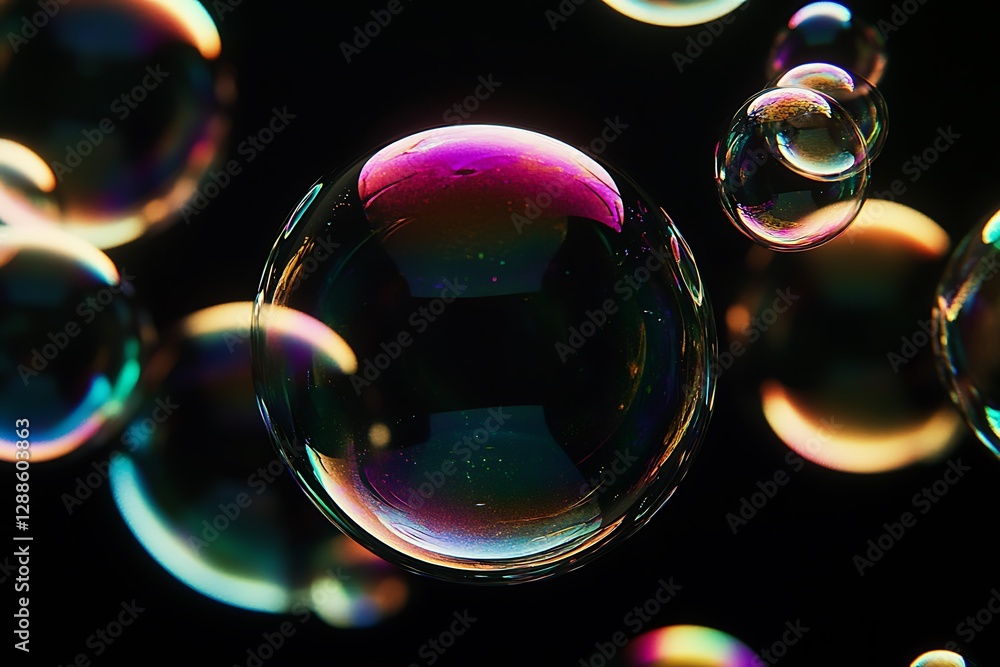 Poster iridescent soap bubbles floating on black background. (2)