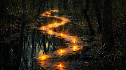 Naklejka premium Enchanted Pathway Illuminated by Floating Lights in a Dark Forest