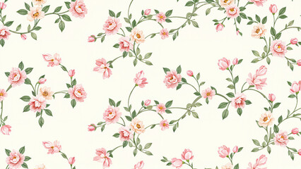 A vintage floral pattern with pink and white roses, green leaves, and swirling vines on a light background.