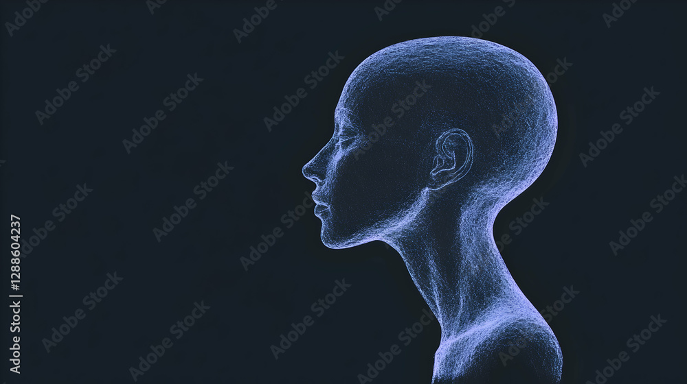 Poster female digital head generating glowing particles representing ai, machine learning, and advanced tec