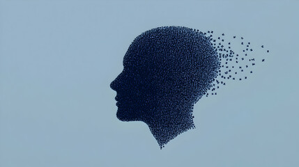 Puzzle fragments falling from silhouetted head profile, representing neurological memory deterioration against soft blue background