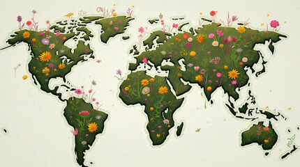 Obraz premium A detailed illustration of a world map showcases various flowers growing in different countries, symbolizing diversity and connection with nature.