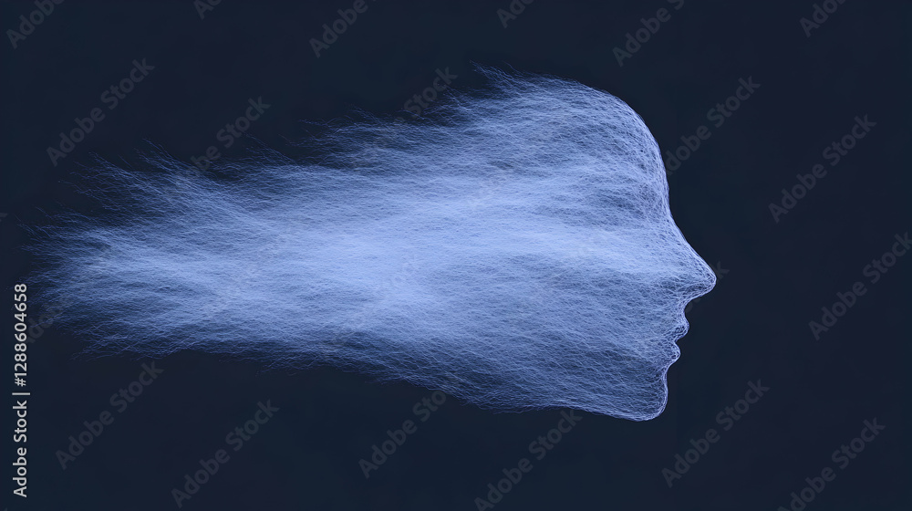 Poster abstract digital art representing a face dissolving into particles, symbolizing concepts like memory