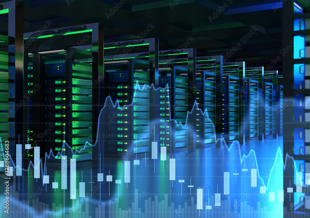 Poster load on server equipment. charts near data center. server cabinets with green neon glow. telecommuni