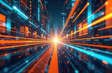 Glitch art piece shows abstract colorful city background. Digital cyberspace, IT data transfer. Telecommunication fractal light glows urban datum perspective motion design with texture geometry.