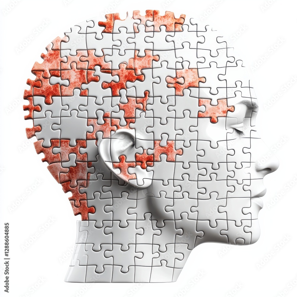 Poster a profile of a head made from puzzle pieces, with some pieces in red, symbolizing the complexity of 