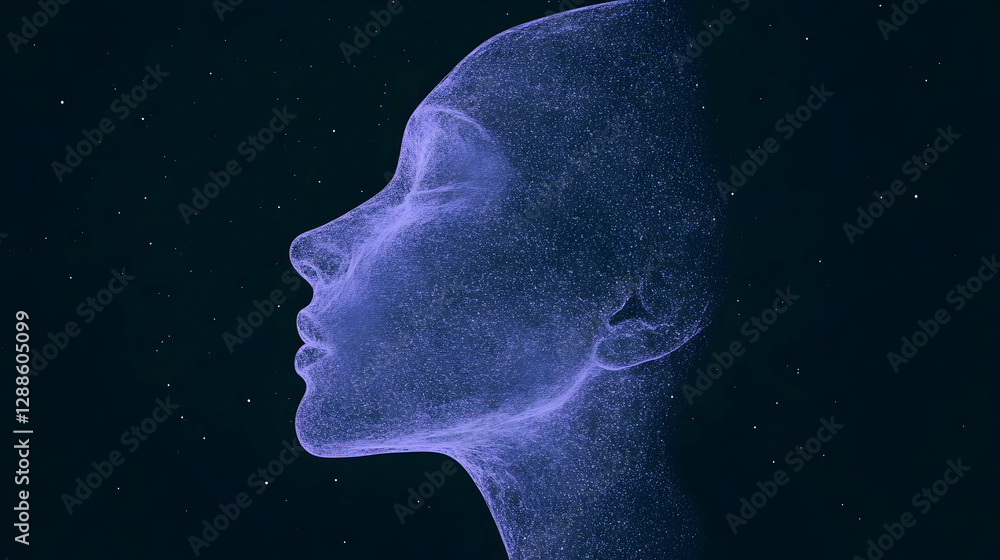 Poster digital intelligence emerging from cosmic particles, representing technological evolution merging wi