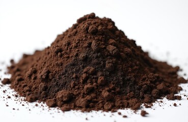 Pile of soil on transparent background. Mound of dark earth used for landscaping, gardening. Natural texture organic ground with granular humus rich compost, ecology fertilizer for plants.