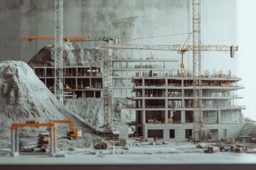 Miniature construction site model, cranes, and building
