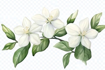 Obraz premium Elegant White Flowers Watercolor Illustration with Green Leaves and Delicate Details