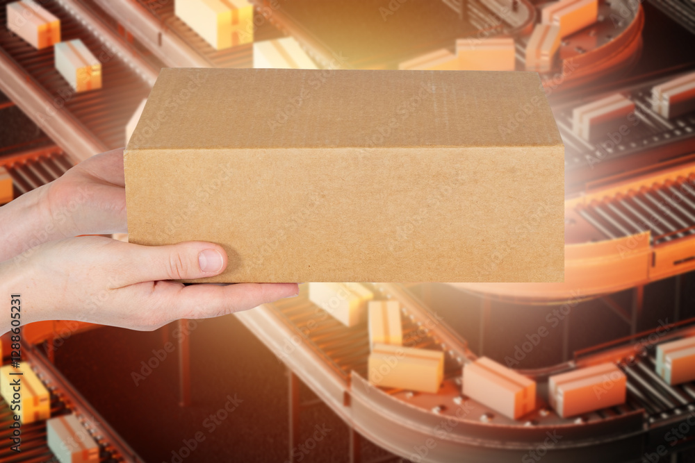 Poster conveyor line. cardboard box in hands. distribution center with parcels. boxes on automated distribu