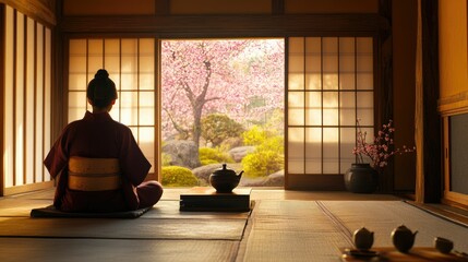 Tranquil scene: woman, kimono, tea, blossoms, garden view.