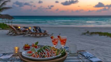 Obraz premium Romantic beach sunset dinner, ocean view, Mexico