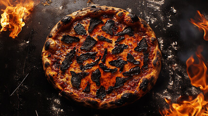 A completely burnt pizza with charred crust and black
