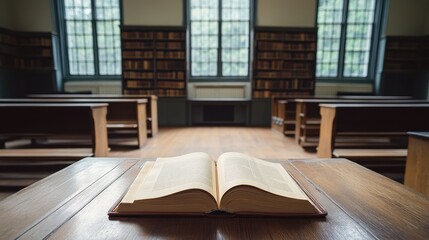 Open Book on Wooden Table in Quiet Library Environment