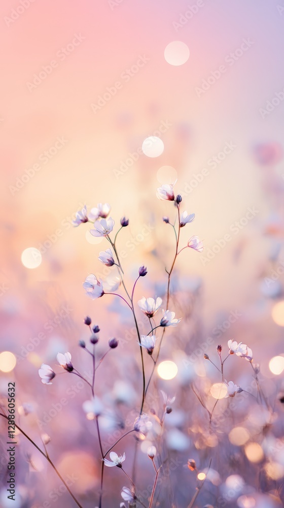 Poster Gypsophila flowers are swaying gently in the breeze, illuminated by the warm glow of the setting sun, creating a dreamy and romantic atmosphere with soft pastel colors and bokeh effect