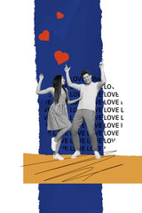 Vertical artwork photo collage of overjoyed couple dancing at party discotheque have fun crazy...