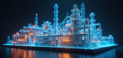 Holographic projection of industrial plant design with intricate piping, glowing in neon blue, orange against dark background. Futuristic engineering technology visualization of complex facility,