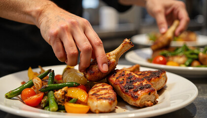 Chef plating grilled chicken with vegetables. chef's dish, barbecue, farm