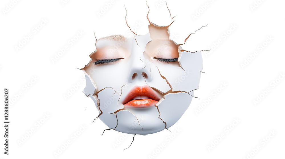 Poster intriguing portrait, woman's face with a void exploring themes of absence and the unknown in contemp