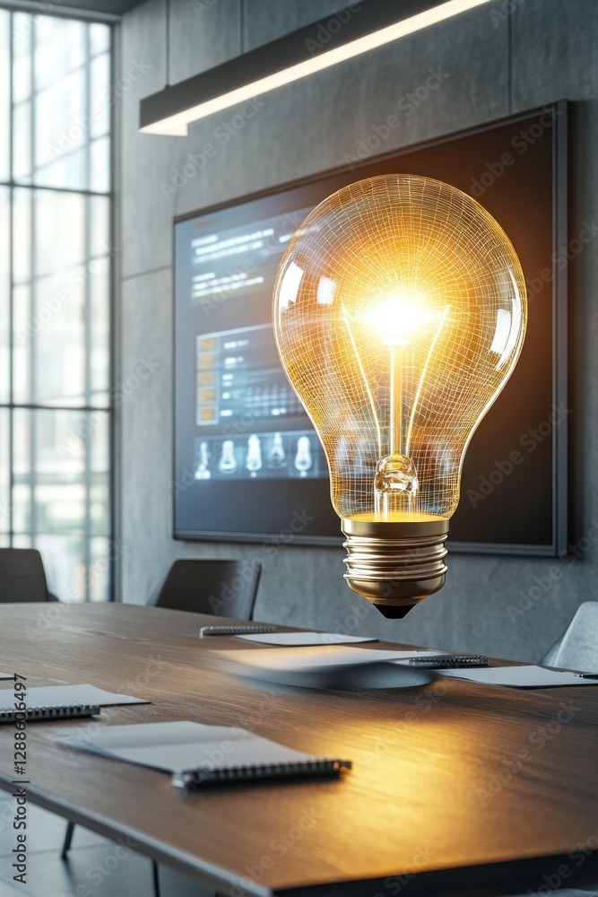 Poster light bulb hovering in modern conference room setting