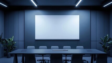 Dark modern conference room, blank screen, night meeting, presentation mockup