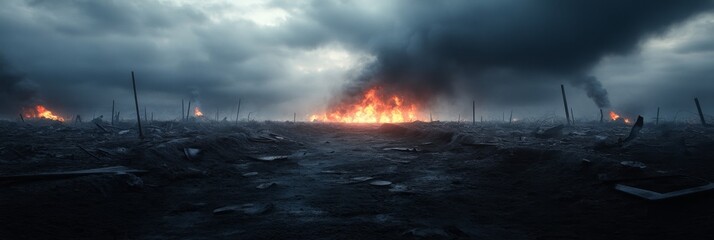 Apocalyptic landscape with fire and smoke amidst desolate terrain