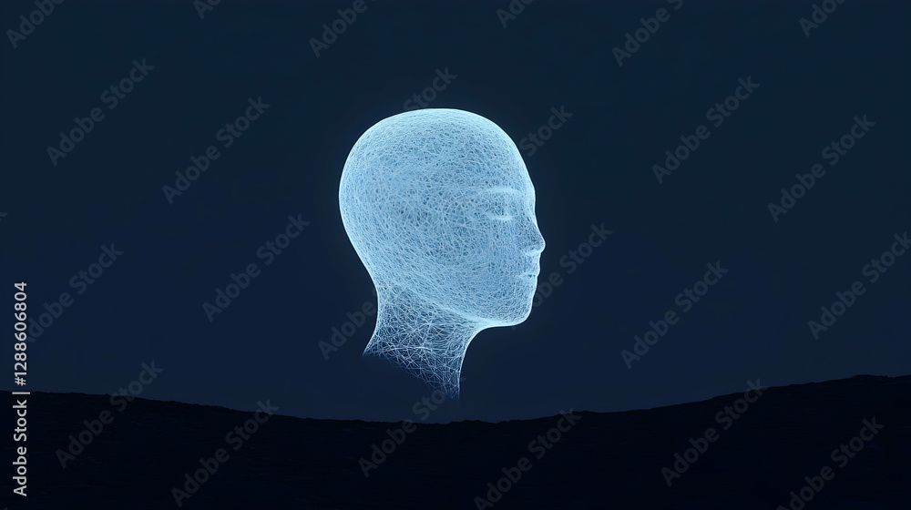 Poster luminous geometric cranium hovering above shadowy terrain, symbolizing ai emergence, neural networks