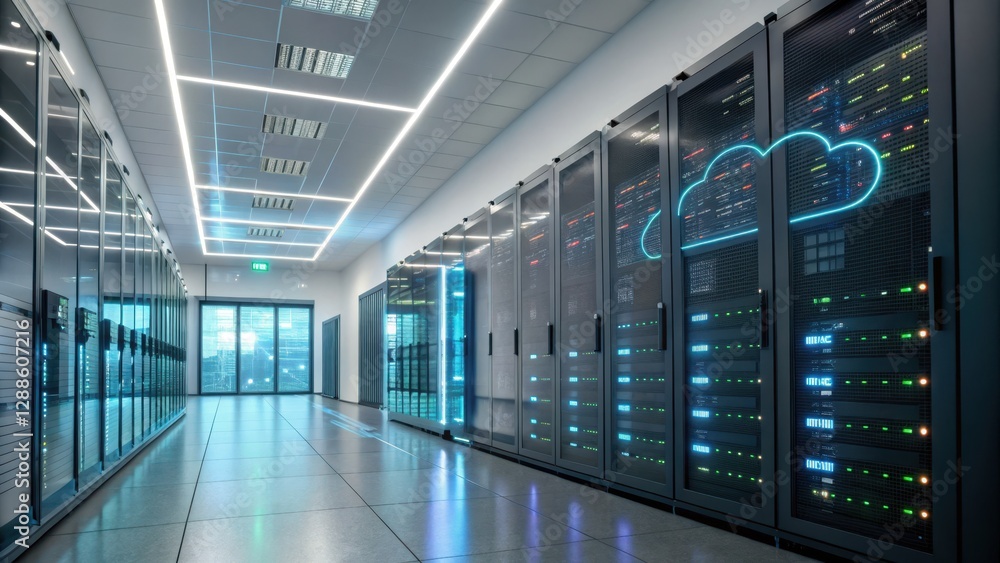 Poster data center corridor: modern data center corridor bathed in the cool blue glow of server racks, illu