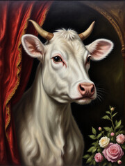Fototapeta premium A regal portrait of a white cow set against a dark background, framed by a rich red curtain and adorned with a bouquet of pastel roses.