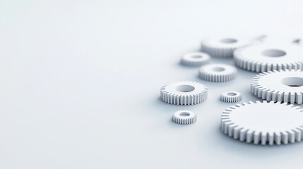 Futuristic mechanical gears in minimalist design, showcasing precision and innovation. white gears are arranged on light background, emphasizing their intricate details and modern aesthetic