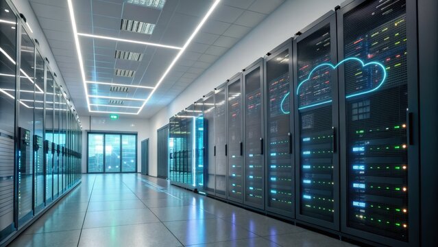 Data Center Corridor: Modern data center corridor bathed in the cool blue glow of server racks, illuminating the path toward the cloud, symbolizing cutting-edge technology and global connectivity.
