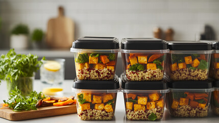 Neatly stacked vegan meal prep containers with sweet potatoes, tofu, quinoa, and colorful veggies on a clean kitchen countertop.
