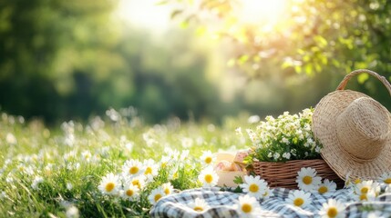 May Day Picnic in Serene Countryside: Tranquil Scene with Fresh Flowers and Soft Sunlight for Text Overlay