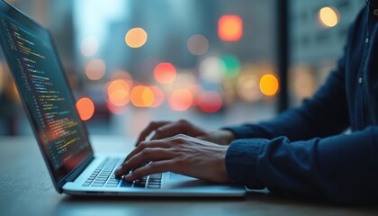 Developer working on laptop with program code. Software development process, data science, cloud integration. Modern tech, agile workflow, innovation. Collaboration analytic platform, app