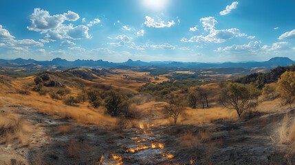 Naklejka premium A panoramic view of a burnt valley, with patches of untouched greenery beginning to reclaim the landscape