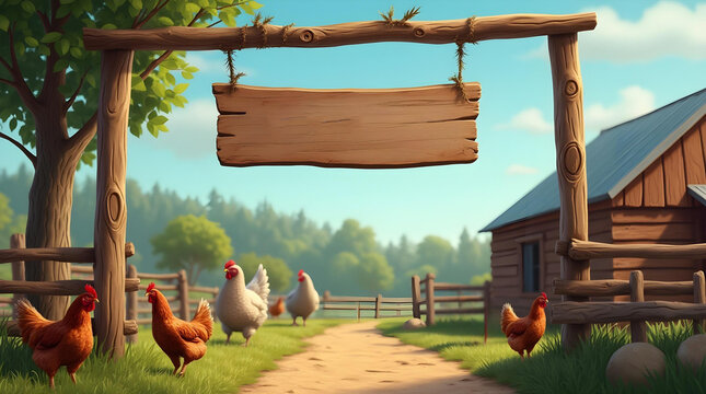 A rustic wooden sign hangs from a branch, overlooking a sunlit farm path with chickens, evoking rural charm and tranquility - Powered by Adobe