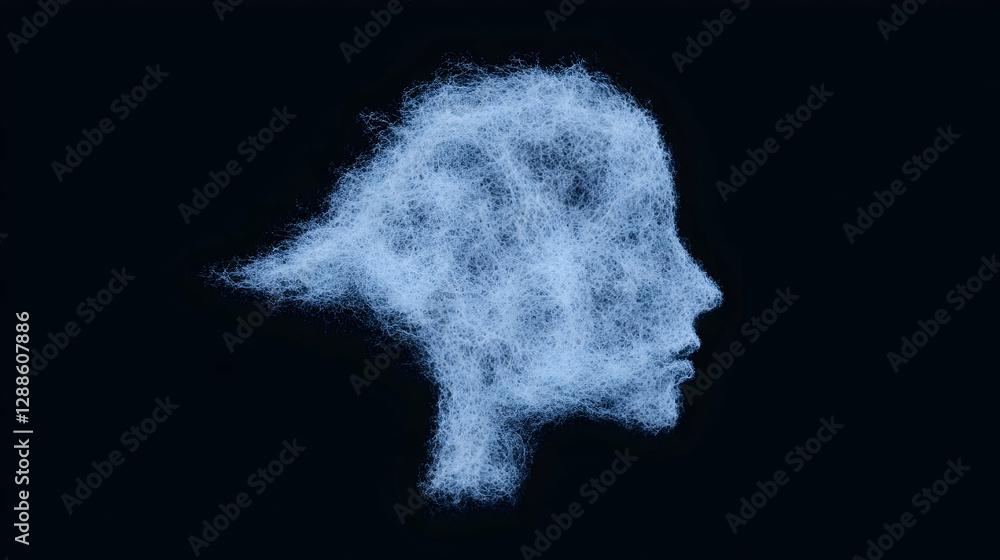 Poster digital neural network portraying human head fragmenting into glowing particles, symbolizing ai cons