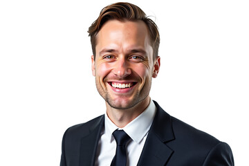 Handsome businessman in suit smiling, isolated on transparent background. Professional headshot for corporate branding, website, marketing, presentations. Trustworthy, approachable.