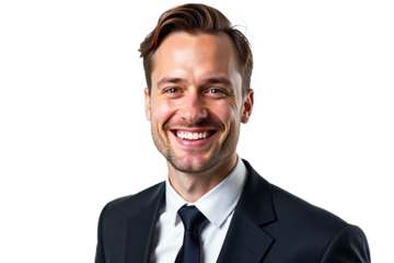 Handsome businessman in suit smiling, isolated on transparent background. Professional headshot for corporate branding, website, marketing, presentations. Trustworthy, approachable.