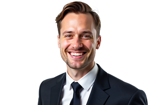 Handsome businessman in suit smiling, isolated on transparent background. Professional headshot for corporate branding, website, marketing, presentations. Trustworthy, approachable. - Powered by Adobe
