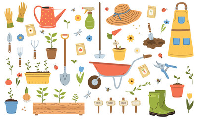 Gardening equipment set. Farm or planting tools. Flat cartoon vector collection of illustrations. Agriculture equipment for scrapbooking, stickers.