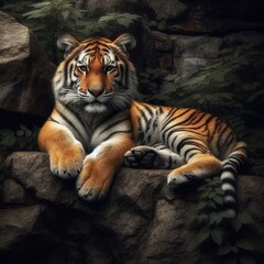 Obraz premium tiger lying down on a rock, positioned centrally in the frame. 