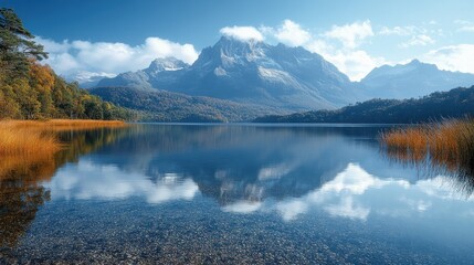 Autumnal lake mirroring mountains