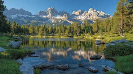 Alpine Lake Reflecting Mountain Peaks