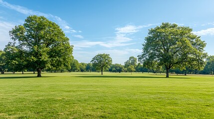 Obraz premium Green Field with Lush Trees Under a Sunny Sky