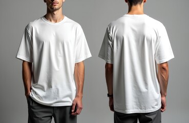 Oversized white t-shirt mockup with man in gray pants posing. Casual attire design, blank unisex garment template. Front, back view. Basic style, textile fabric display. Customizable clothes