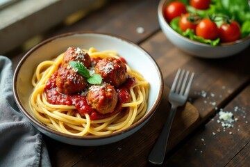 Aromatic pasta dish featuring succulent meatballs in rich tomato sauce, garnished with fresh basil and a sprinkle of cheese